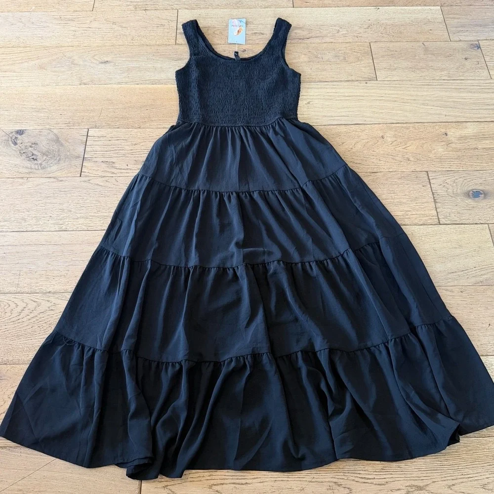 PrettyGarden Smocked Tiered Maxi Dress Black Sleeveless Scoop Neck S NWT (1545) - Picture 1 of 10